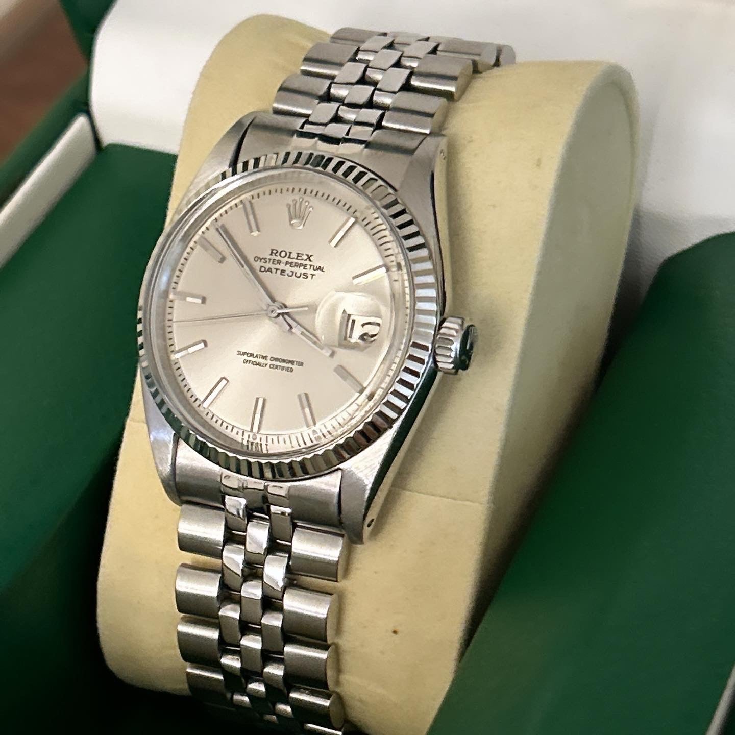 Rolex 1601 Stainless Steel + White Gold Fluted Bezel