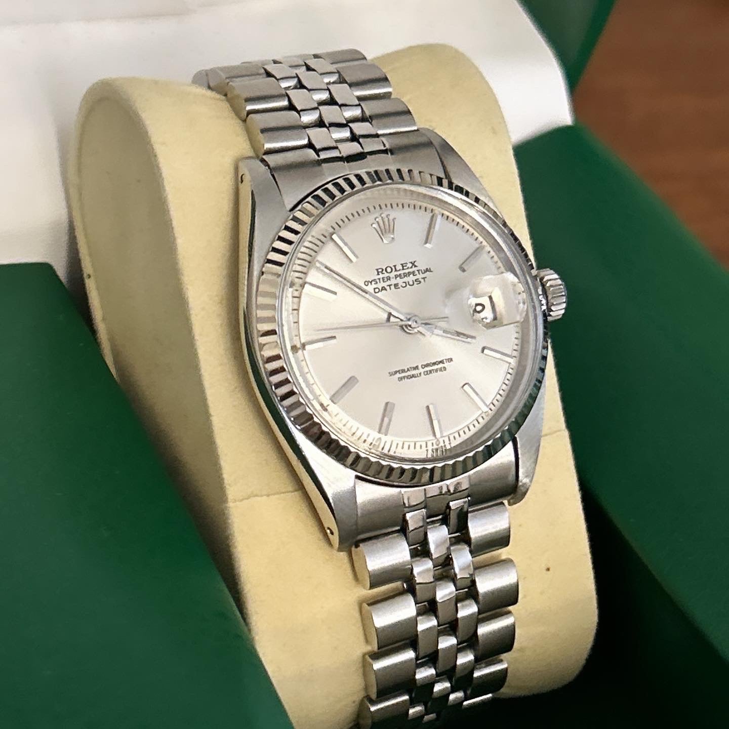 Rolex 1601 Stainless Steel + White Gold Fluted Bezel