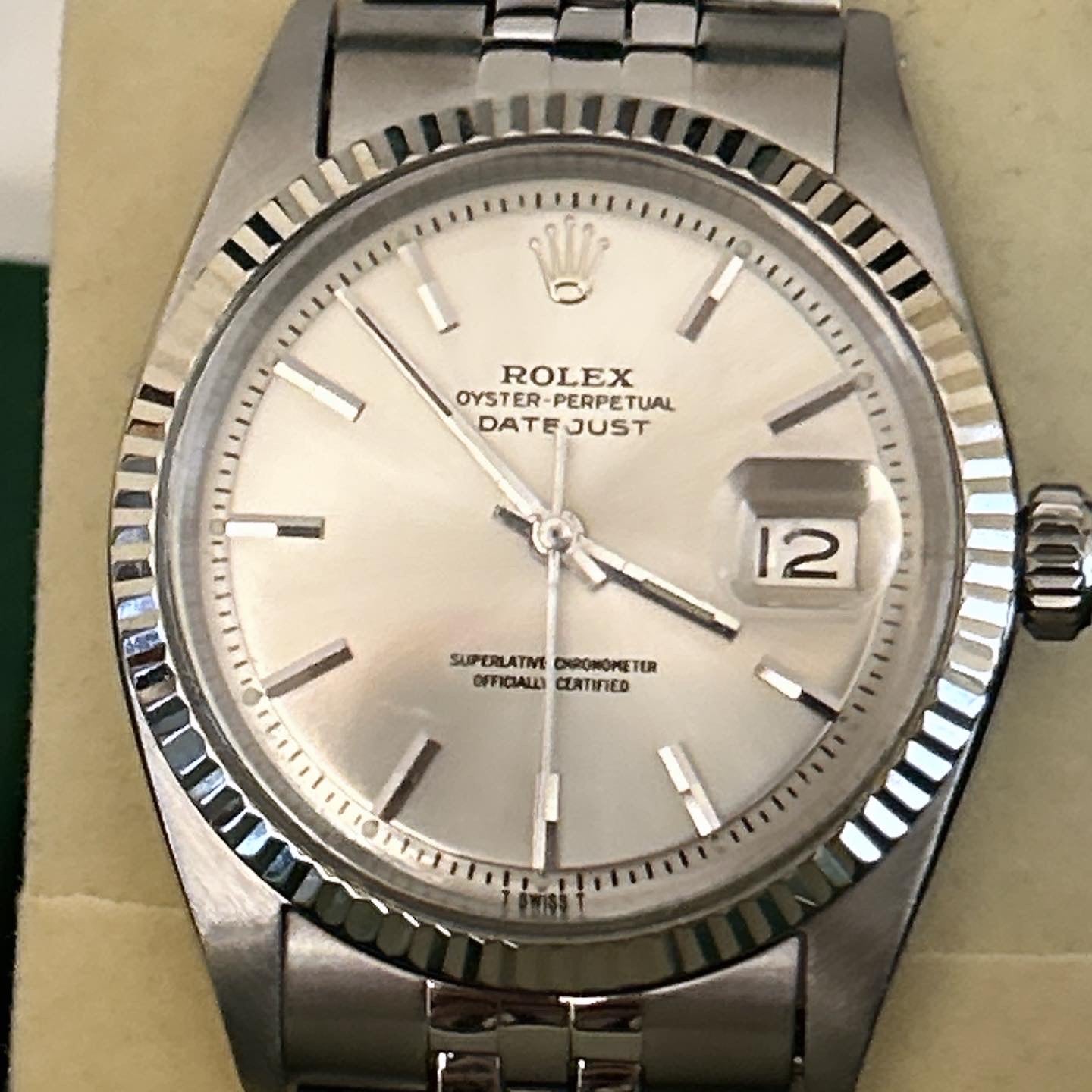 Rolex 1601 Stainless Steel + White Gold Fluted Bezel