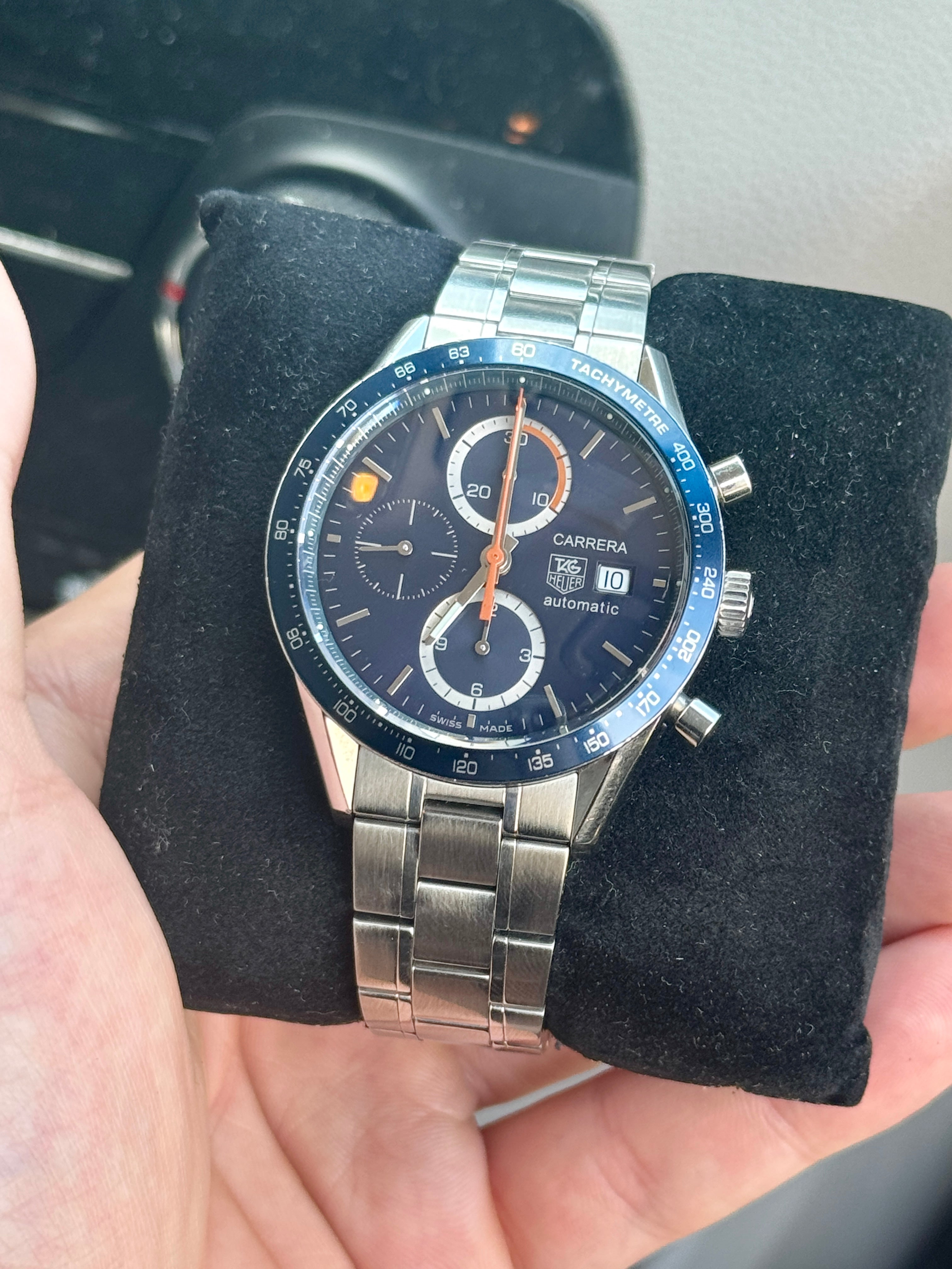 2007 Tag Heuer Carrera Chronograph Blue Dial Blue Bezel on stainless steel bracelet. CV2015